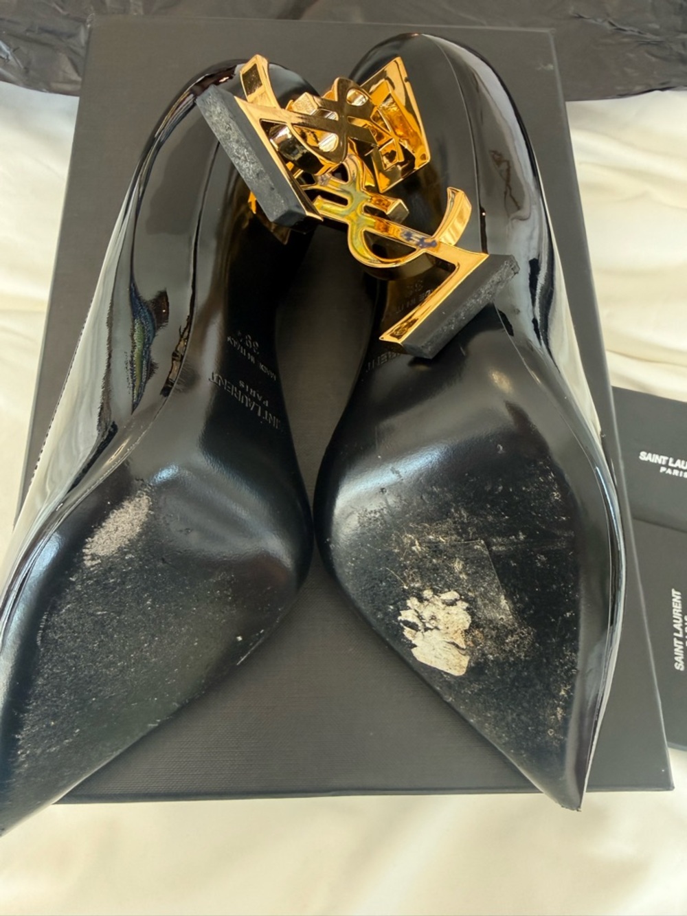 Saint Laurent Black Patent Opyum Stiletto Pumps with Gold YSL Heel - Picture 4 of 7